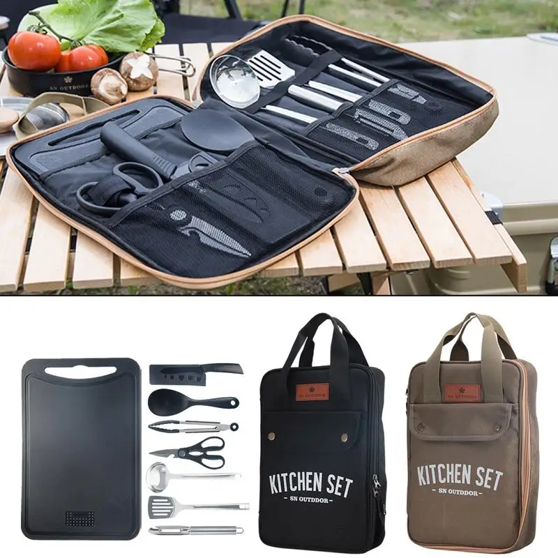 Travel Kitchen Accessories - 8-delige campingkeukenset, draagbare outdoor reisgerei, roestvrijstalen